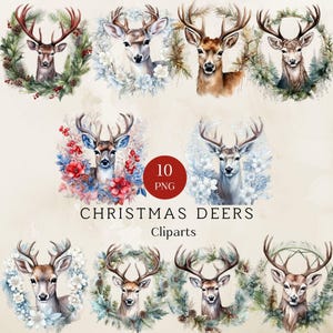 Watercolor Christmas Deer Clipart, Christmas Deer Clipart, Watercolor Deer, Deer with Wreath, Xmas Deer, Deer Png, Card Making, Xmas Clipart