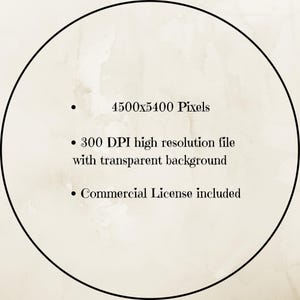 May include: A circular graphic with a black border and a beige watercolor background. Text includes "4500x5400 Pixels", "300 DPI high resolution file with transparent background", and "Commercial License included".