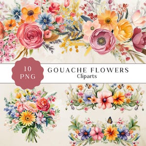 Clipart floral gouache, gouache fleurs, fichiers Png individuels, impression florale, gouache des cliparts numérique, des cliparts mariage, téléchargement immédiat