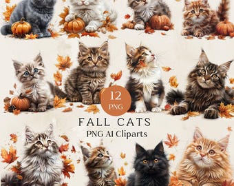 Fall Cat Clipart, Cute Autumn Cats Clipart, Cat Clip Art, Fall Cat Clipart Images, Cute Cats With Pumpkins Clipart, Fall Clipart