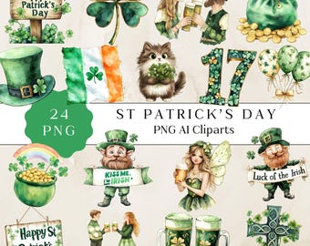 St Patricks Day Watercolor Clipart, Shamrock, Pot of Gold (PNG)