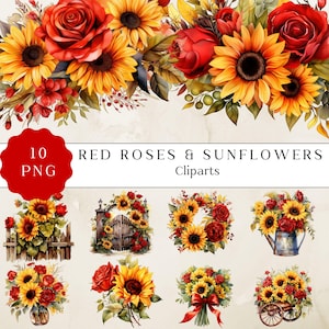 Red Roses and Sunflower Clipart, Vibrant Digital Floral Art, Beautiful Floral PNG, Digital Art for Weddings, Crafts, and Home Decor