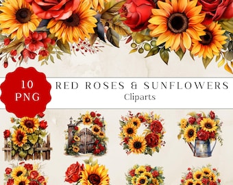Könnte beinhalten: Aquarell-Cliparts mit roten Rosen und Sonnenblumen. Das Bild zeigt verschiedene Blumenarrangements, wie Sträuße und Kränze. Der Text auf dem Bild lautet "10 PNG" und "RED ROSES & SUNFLOWERS Cliparts."