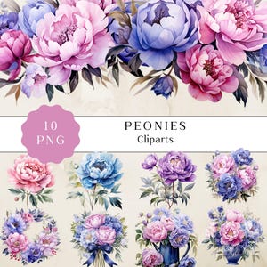 Rosa Blau Lila Pfingstrosen Clipart, Aquarell Pastell Pfingstrose Clipart Frühlingsblumen Elemente PNG Digitale Bild-Downloads für die Kartenherstellung