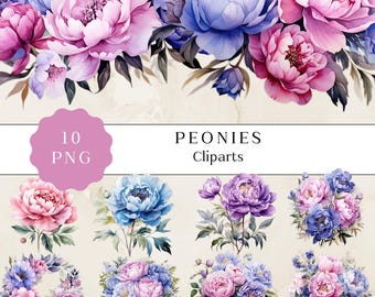 Pink Blue Purple Peonies Clipart, Watercolour Pastel Peony Clipart Spring Flower Elements PNG Digital Image Downloads for Card Making