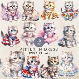 Chat robe Clipart, clipart chaton en robe, clipart aquarelle imprimable, haute qualité PNG, téléchargement numérique, Junk Journal, 300dpi