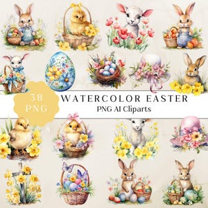 Watercolor Easter Clipart, Watercolor Easter Basket, Easter Bunnies Cute, Easter Download, Digital Easter Eggs Clip Art, Cute Lamb