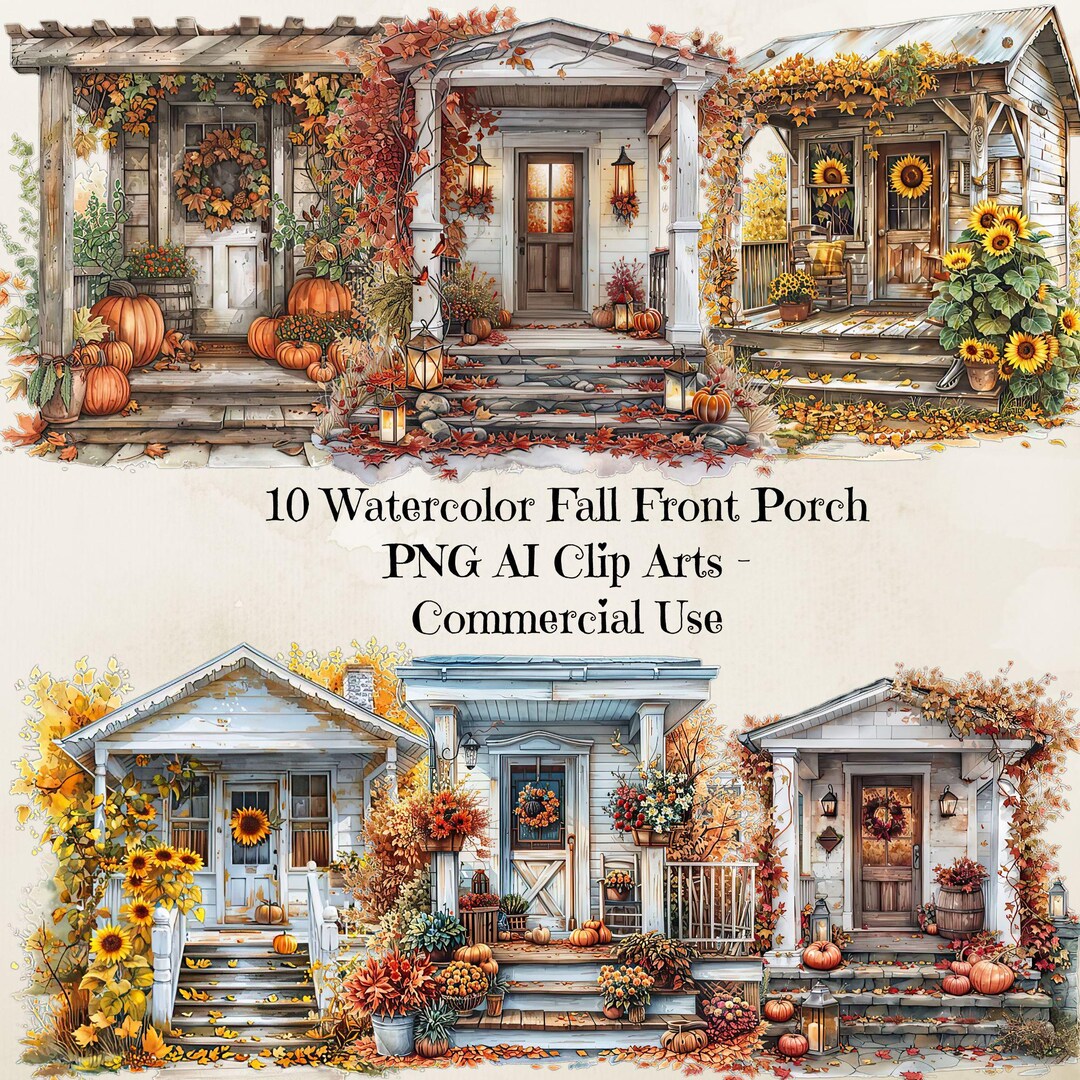 Watercolor Fall Front Porch Clipart, Autumn Porch Decorations, Front ...