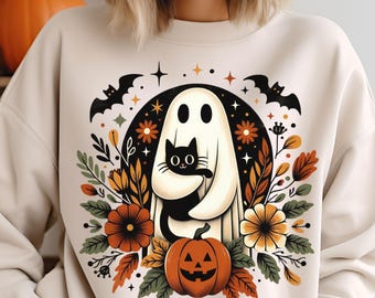Fantasma y gato negro PNG, Sublimación de Halloween adorable, Imágenes prediseñadas de gatos espeluznantes, Ambiente otoñal, Arte de carrito espeluznante adorable, Arte digital para manualidades