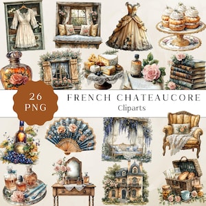 Chateaucore Clipart, French Vintage Floral Watercolor PNGs, Charming Watercolor PNGs, Digital Scrapbooking, Journaling, Instant Download