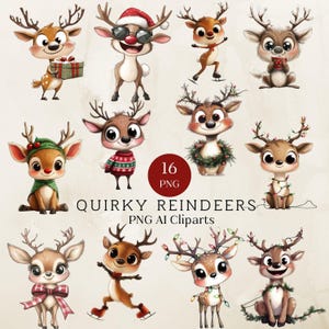 Clipart renne original aquarelle, renne drôle PNG, renne de Noël PNG, conception de journal indésirable, Noël drôle Sublimation Bundle