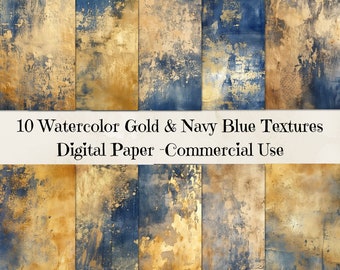 Gold and Navy Watercolor Texture Clipart, Digital Papers (PNG)