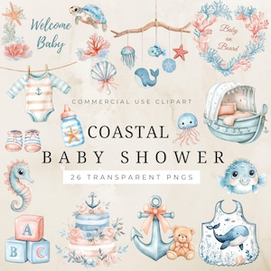 Clipart baby shower côtier, animaux marins de l'océan, aquarelle nautique, art numérique aquarelle pour faire-part de baby shower