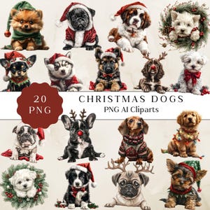 Clipart de chien de Noël mignon, chiot mignon en bonnet de Noel, Art des fêtes pour les amoureux des chiens, dessins de chiots mignons, Art des fêtes de fin d'année, Art de chien festif