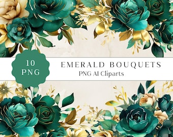 Watercolor Emerald Flower Bouquet Clipart, Watercolor Floral Clipart Bouquets, Emerald and Mint Flower Bouquet Clipart, Wedding Clipart