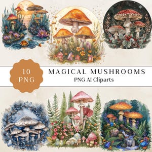Aquarelle champignons Clipart, Clipart champignon magique, forêt Nature champignon vénéneux clip art, Cottagecore naturel PNG Digital Designs