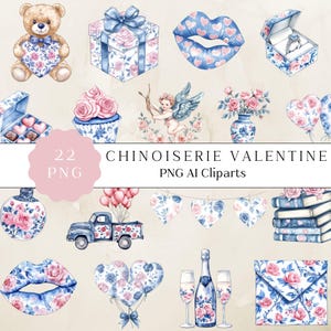 Chinoiserie Valentines clipart, Grandmillennial Valentine clipart, Valentine toile clipart, vintage Floral Valentine, digitale download
