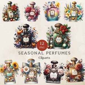 Aquarell Parfüm Clipart, Parfüm mit Blumen, Parfüm Flasche Clipart, Aquarell Parfüm Flasche mit Blumen und Perle Clipart