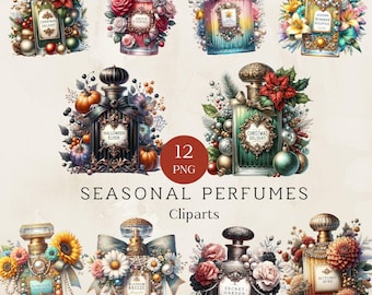 Watercolor Perfume Bottle Clipart, Floral Design (PNG Files)