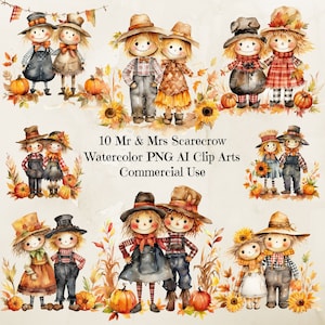 Watercolor Scarecrow Clipart Bundle, Scarecrow Clipart, Autumn Clipart, Commercial And Personal Use, Transparent Background, Fall Clipart