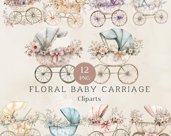 Pastel Watercolor Baby Carriage Clipart Set, Floral Stroller PNGs for Baby Shower & Nursery Art