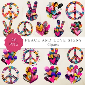 Può includere: Una collezione di immagini clipart colorate con simboli di pace, gesti della mano della pace e forme di cuore. I disegni incorporano vari modelli e trame, con una vivace tavolozza di rosa, blu, giallo e arancione. Il testo recita "Peace and Love Signs Cliparts".