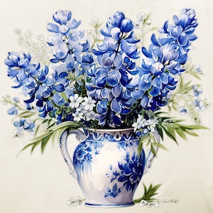 May include: A blue and white porcelain vase with a floral design. The vase is filled with blue flowers, including delphiniums and forget-me-nots.