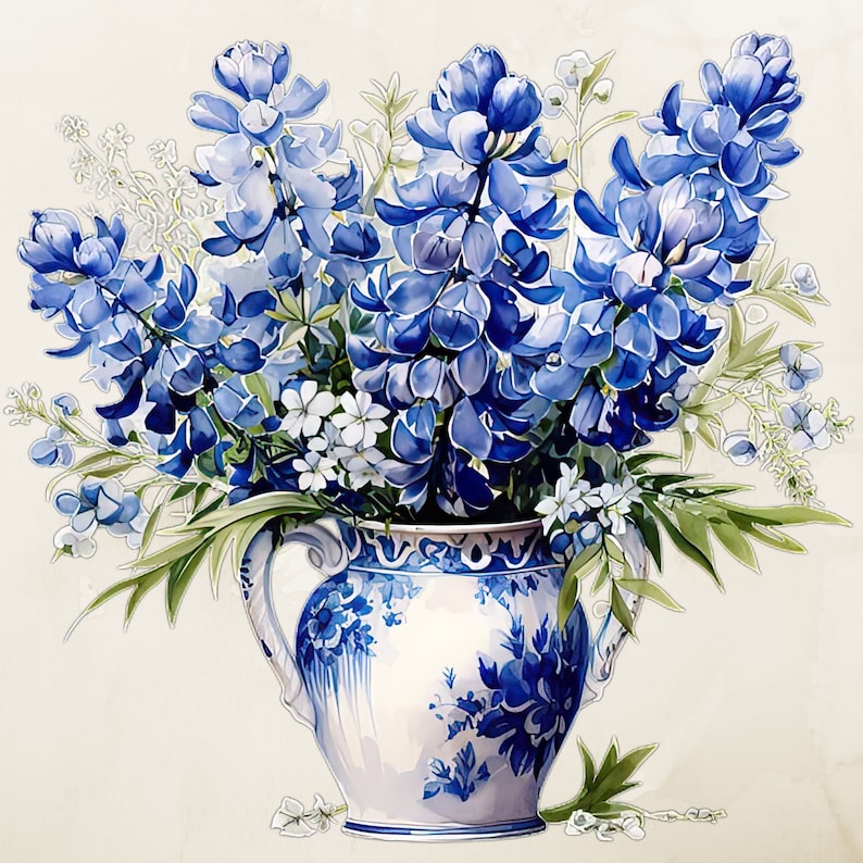 May include: A blue and white porcelain vase with a floral design. The vase is filled with blue flowers, including delphiniums and forget-me-nots.