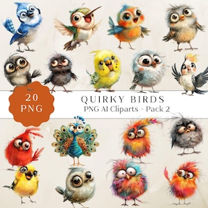 Clipart oiseau insolite lunatique, clipart oiseau drôle, caricature mignonne d'oiseaux, art Transparent imprimable, graphismes colorés fantaisistes