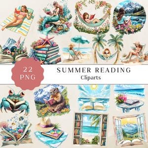 Clipart di lettura estiva, Topo di biblioteca da spiaggia PNG, Carino topo di biblioteca da spiaggia PNG, Pacchetto di clipart estive, Clipart di topo di biblioteca per il divertimento estivo, Download digitale