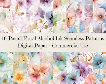 Pastel Alcohol Ink Flowers Seamless Patterns - Floral Ink Digital Paper, Commercial Use Alcohol Ink Flowers Patterns, 300dpi, Junk Journal