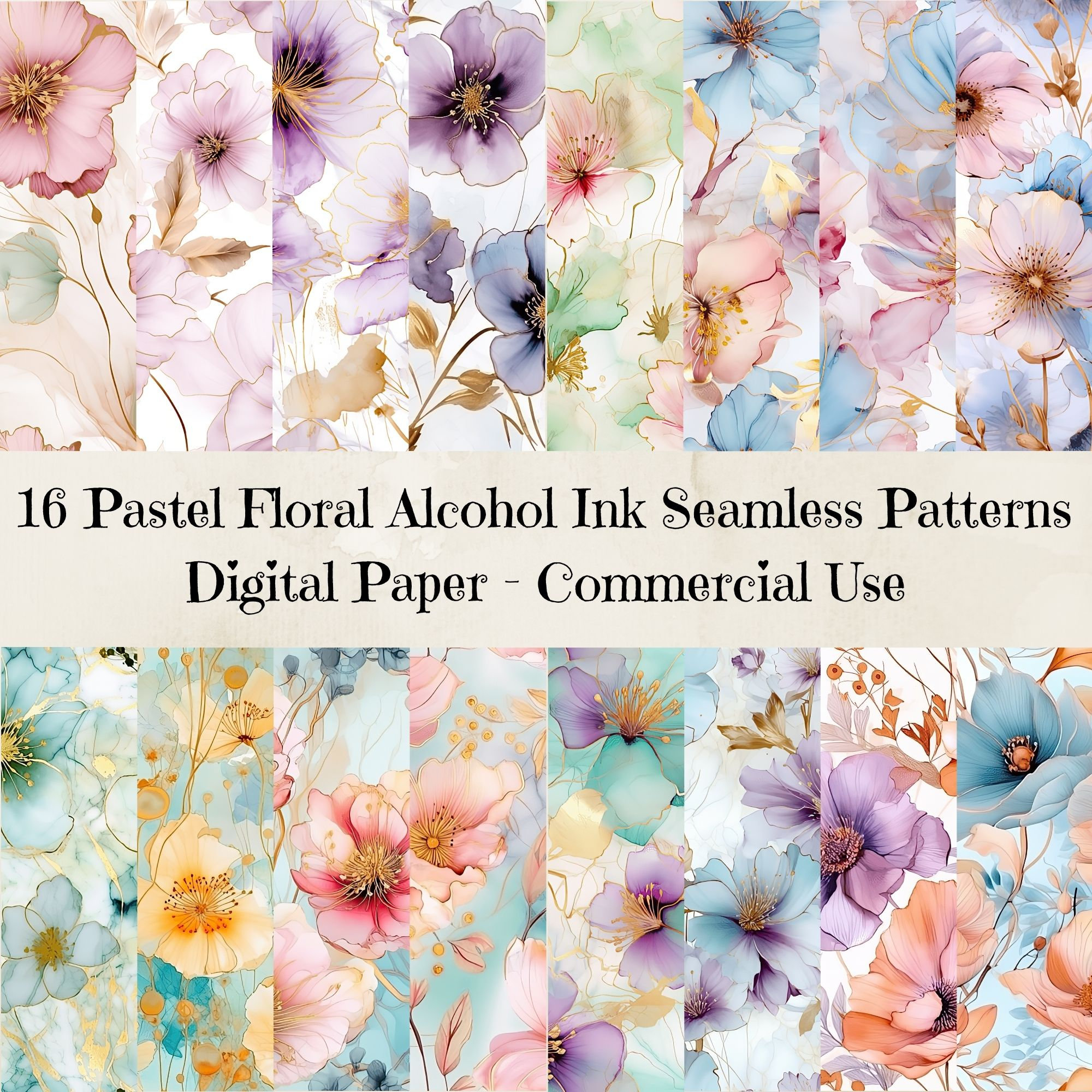 Pastel Alcohol Ink Flowers Seamless Patterns - Floral Ink Digital Paper, Commercial Use Alcohol Ink Flowers Patterns, 300dpi, Junk Journal