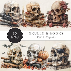 Schedel met boeken clipart, schedel boekenliefhebber png, gotische png, schedel gotische boek illustraties, boeken png, hoogwaardige png-bestanden, schedelafbeeldingen