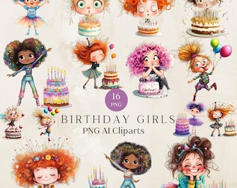 Schrulligen skurrilen Mädchen Geburtstag Clipart, niedlichen schrulligen Mädchen Clipart, perfekt für Geburtstagskarten, digitaler Download für Party einlädt