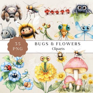 Clipart insectes et fleurs, art insecte fantaisiste, insectes mignons et motifs floraux, graphiques amusants d'insectes, téléchargement numérique pour travaux manuels