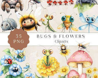 Bugs and Flowers Clipart, Whimsical Insect Art, Cute Insects and Floral Designs, Fun Insect Graphics, Digital Download for Crafts