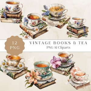 Vintage Book and Tea Clipart, Books and Tea Time Clipart, Scrapbooking Clipart, Perfect for Scrapbooking and Crafts, High Quality PNGs