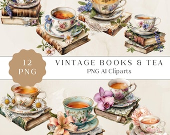 May include: Twelve vintage illustrations of teacups and saucers with books stacked underneath. The teacups are decorated with floral patterns and the books are antique with worn leather covers. The illustrations are in a watercolour style and have a vintage aesthetic.