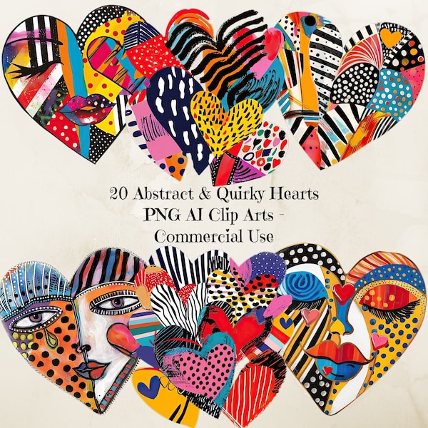 Quirky Hearts Clipart, Abstract Heart Clipart, Colorful Heart Png, Heart Clip Art, Digital Paper Craft, Sublimation Heart, Commercial Use
