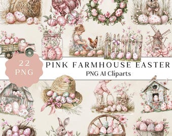 May include: A set of 22 pink farmhouse Easter clip art images. The images include a rooster, a wreath, a bunny, a truck, a jar of eggs, a girl with a chick, a fence, a windmill, a barn, a hat with eggs, a girl with a basket of eggs, a birdhouse, a nest of eggs, a bunny with eggs, a wheel with eggs, and a bucket of eggs.