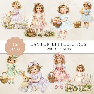 Niedliche Ostern Mädchen Clipart, Ostern Kinder Clipart, niedliche kleine Mädchen mit Lämmern, Vintage druckbare Osterkarte, niedliches Ostern Dekor, Kartenherstellung