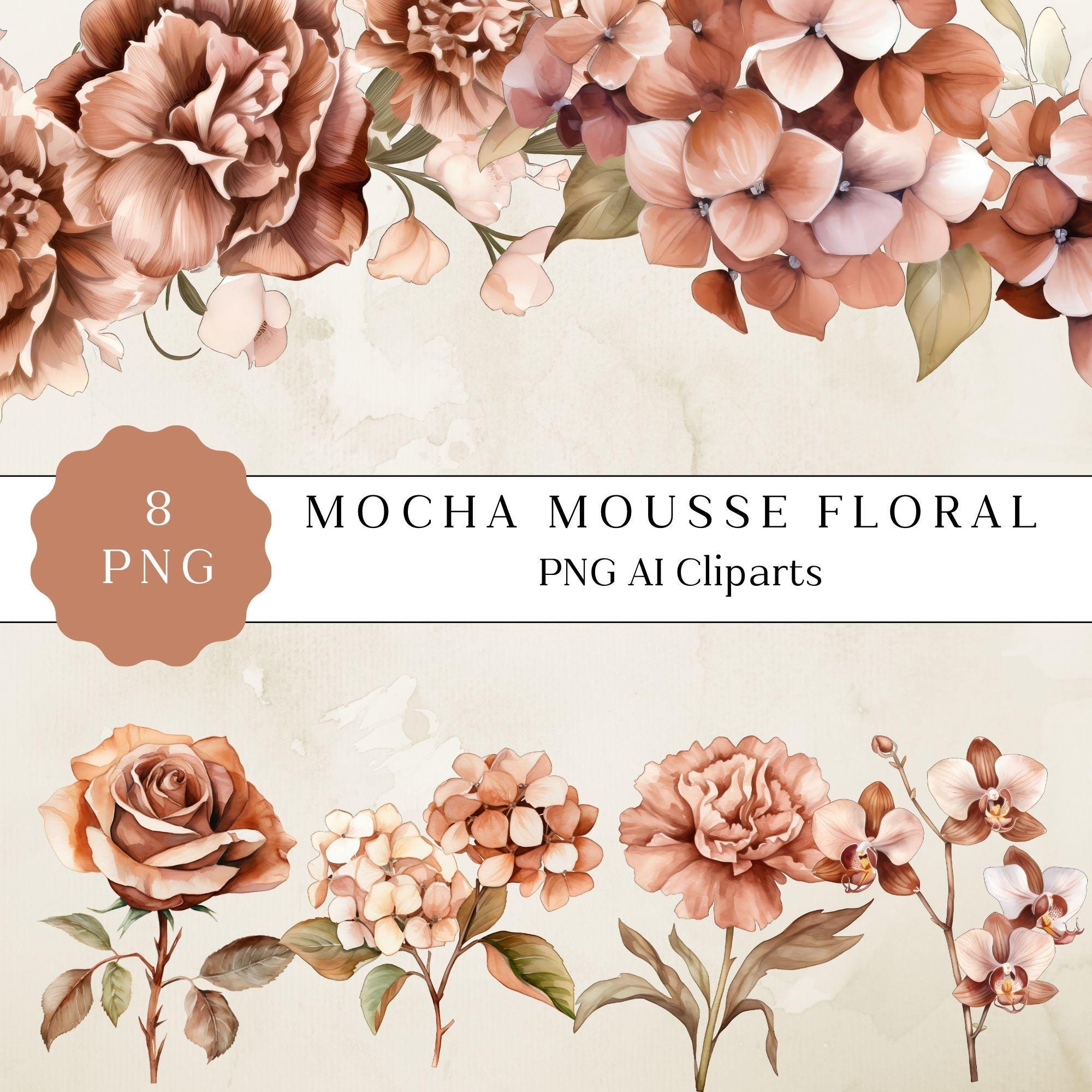 Mocha Mousse Flowers Clipart, Watercolor Flowers PNG, Watercolor Flowers for Digital Crafts, Aesthetic Spring Stickers and Floral Designs