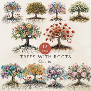 Watercolor Tree with Root Clipart, Forest Tree Scrapbooking Clipart Set, Family Tree PNG Bundle, Nature Seasonal Tree Sublimation Png Design