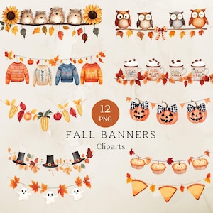 Puede incluir: Un conjunto de 12 banners PNG de otoño con ilustraciones en acuarela. Los banners incluyen erizos, búhos, suéteres, tazas de café, calabazas, sombreros, fantasmas, maíz, manzanas y porciones de pastel. También se incluye el texto "FALL BANNERS" y "Cliparts".