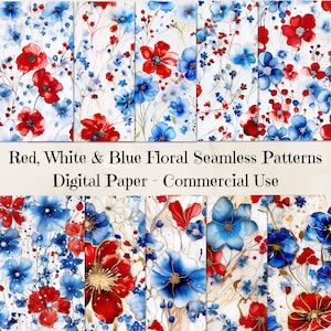 Papier numérique fleurs rouges blanches et bleues, fleurs rouges blanches et bleues, motif répété, fleurs rouges blanches et bleues en téléchargement numérique, 30,5 x 30,5 cm
