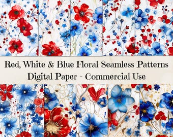 Red White and Blue Flower Digital Paper, Red White Blue Flowers Repeat Pattern, Red White And Blue Flowers Digital Download, 12 In X 12 In