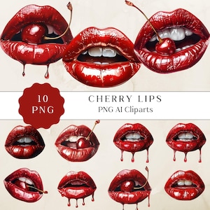 Rote Kirsche Kuss Clipart, glänzende Lip Art Png, Valentinstag Lippen, Kirschlippen Grafik-Bundle, tropfende Lippen Clipart, Sublimationsdesign