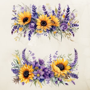 May include: Two watercolor floral arrangements featuring sunflowers and lavender. The top arrangement has three sunflowers and the bottom arrangement has one sunflower. Both arrangements have purple flowers and green leaves.
