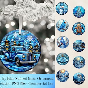 Clipart z niebieskimi ozdobami świątecznymi, niebieskie święta Bożego Narodzenia, witraż lodowaty niebieski świąteczny gadżet Png, ozdoba świąteczna Png, okrągła ozdoba Png
