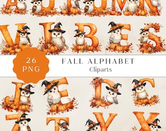Fall Alphabet Clipart, Autumn Pumpkin Letters PNG, Cozy Digital Download for Thanksgiving Crafts & Decor, Cute Halloween Decor, Owl Png